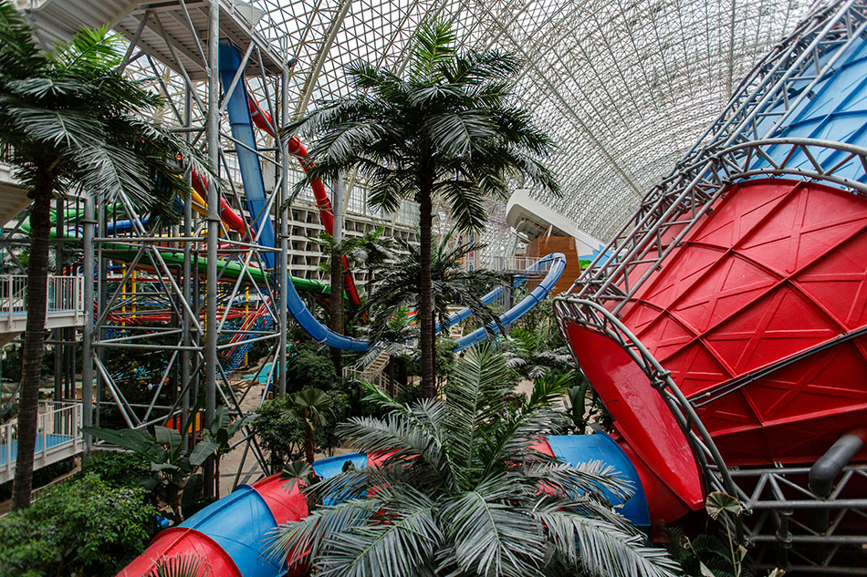 The Paradise Island Park sits under a massive atrium at the center of the New Century Global Centre in Chengdu.