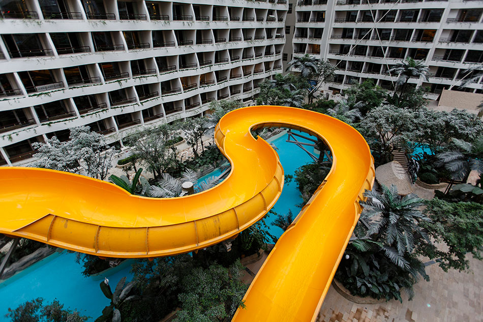 The Paradise Island Park sits under a massive atrium at the center of the New Century Global Centre in Chengdu.