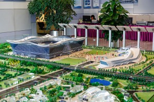 A master model of the New Century Global Center sits on display for in the center's main office.