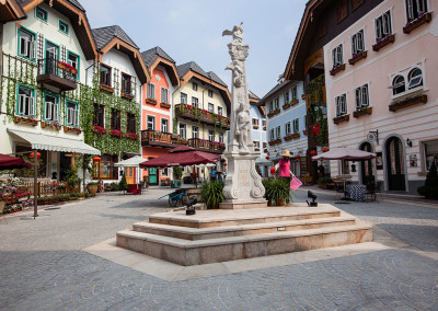 An exact replica of Halstatt’s main square, a UNESCO world heritage site in Austria, greets residents of a luxury villa development. - Huizhou, Guangdong